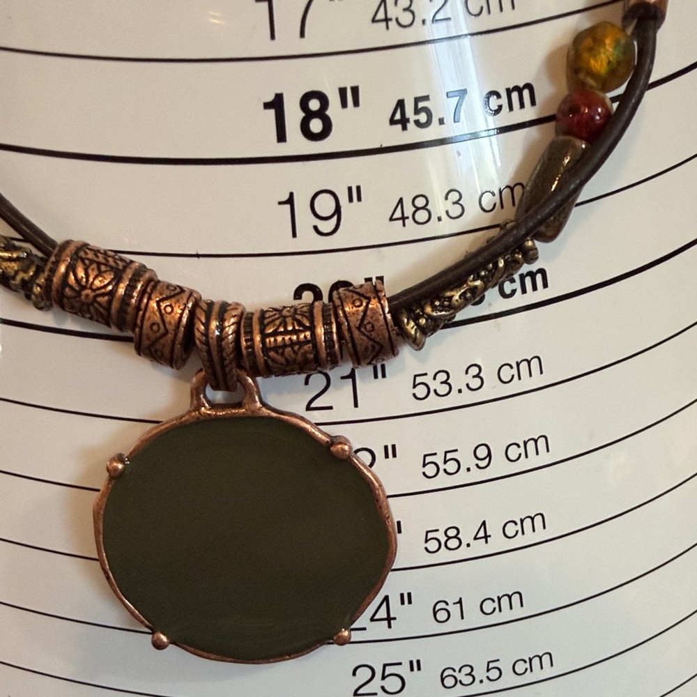 Chico's Olive Green Stone Pendant Necklace with Copper Accents - Picture 4 of 4